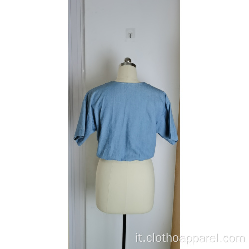 Top da donna a maniche corte blu con scollo a V e ombelico